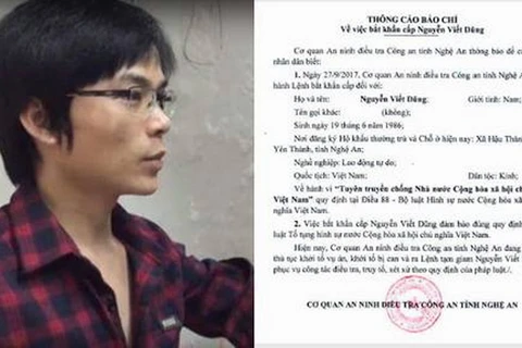 Nguyễn Viết Dũng và thông cáo báo chí của Cơ quan an ninh điều tra Công an tỉnh Nghệ An. (Nguồn: baonghean.vn)