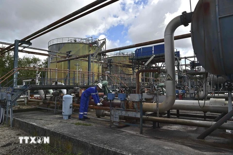 Công nhân làm việc tại cơ sở lọc dầu ở Saint-Mery, Pháp. (Ảnh: AFP/TTXVN)