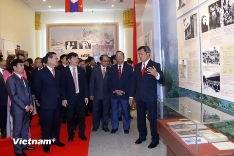 Các quan chức tham dự đang thăm quan Triển lãm. (Ảnh: Phạm Kiên/Vietnam+)