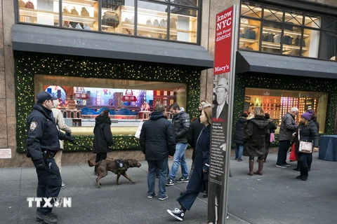 Cảnh sát tuần tra quanh khu vực quảng trường Herald ở New York ngày 12/12. (Ảnh: AFP/TTXVN)