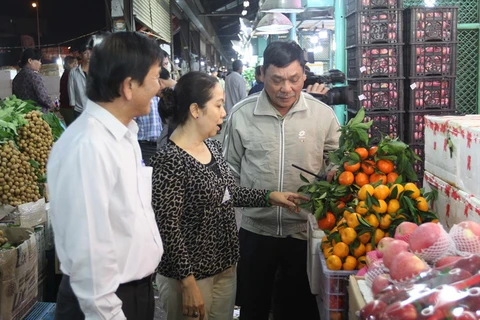 Đoàn công tác liên ngành Thành phố Hồ Chí Minh kiểm tra tình hình hoạt động kinh doanh tại chợ đầu mối Thủ Đức. (Ảnh: Thanh Vũ/TTXVN)