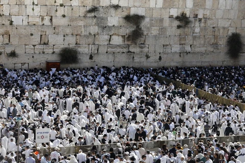Các tín đồ Do Thái giáo cầu nguyện tại Lễ Vượt qua ở Bức tường phía Tây thành cổ Jerusalem ngày 2/4. (Ảnh: AFP/TTXVN)