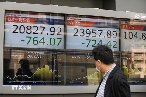Chỉ số Nikkei tại một phiên giao dịch của sàn giao dịch chứng khoán Tokyo, Nhật Bản. (Ảnh: AFP/TTXVN)