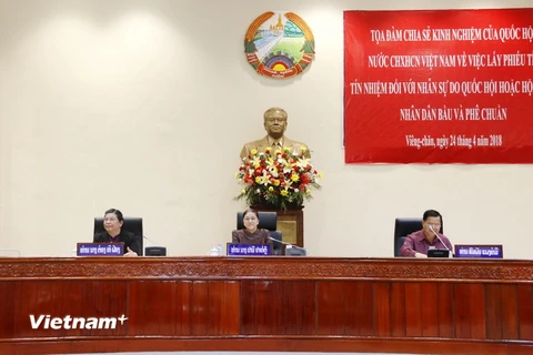 Bà Tòng Thị Phóng đang phát biểu tại cuộc tọa đàm. (Ảnh: Phạm Kiên/Vietnam+)