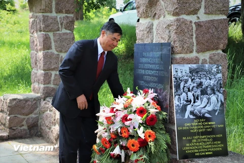 Đại sứ Đoàn Xuân Hưng dâng hoa tại khu tưởng niệm Chủ tịch Hồ Chí Minh ở Moritzburg. (Ảnh: Anh Đức/Vietnam+)