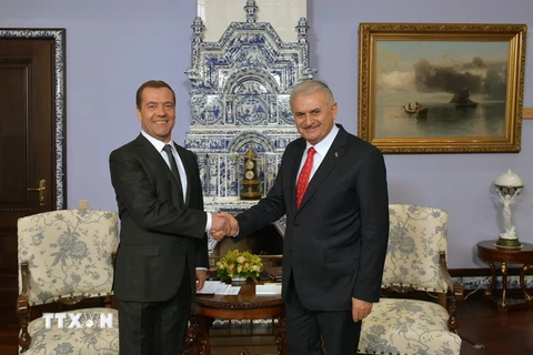 Thủ tướng Nga Dimtry Medvedev và người đồng cấp Thổ Nhĩ Kỳ Binali Yildirim. (Ảnh: EPA/TTXVN)