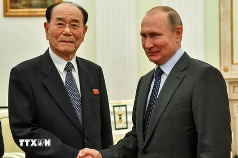 Tổng thống Nga Vladimir Putin và Chủ tịch Quốc hội Triều Tiên Kim Yong. (Ảnh: AFP/TTXVN)