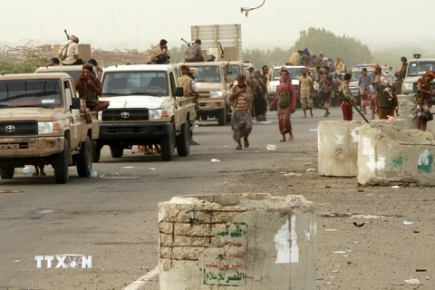 Các lực lượng ủng hộ Chính phủ Yemen tiến vào khu vực al-Durayhimi, cách sân bay quốc tế Hodeidah 9km về phía Nam, ngày 13/6 vừa qua. (Ảnh: AFP/TTXVN)