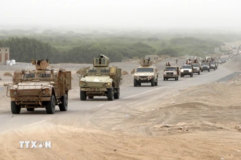 Các lực lượng ủng hộ Chính phủ Yemen làm nhiệm vụ tại khu vực al-Durayhimi, Hodeidah ngày 13/6 vừa qua. (Ảnh: AFP/TTXVN)