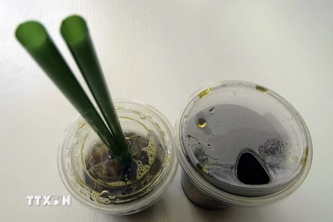 Cốc càphê sử dụng ống hút nhựa (trái) của Starbucks sẽ được thay thế bằng cốc nhựa với nắp đậy có khe hở (phải). (Ảnh: AFP/TTXVN)