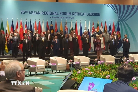 Đại diện các nước tham dự Diễn đàn Khu vực ASEAN (ARF) lần thứ 25 ở Singapore ngày 4/8. (Ảnh: Kyodo/TTXVN)