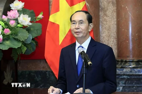 Chủ tịch nước Trần Đại Quang phát biểu tại buổi gặp mặt Đoàn đại biểu cán bộ, chiến sỹ Cảnh sát biển đồng hành cùng ngư dân. (Ảnh: Nhan Sáng/TTXVN) 