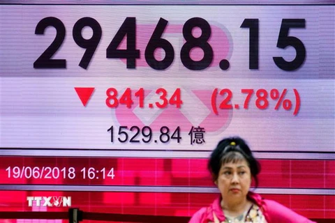 Một bảng điện tử tại Hong Kong, Trung Quốc cho thấy chỉ số chứng khoán Hang Seng giảm mạnh. (Ảnh: AFP/TTXVN)