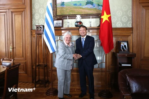 Phó Tổng thống Uruguay Lucía Topolansky và Thứ trưởng Bộ Công thương Đỗ Thắng Hải. (Ảnh: Hoài Nam/Vietnam+)