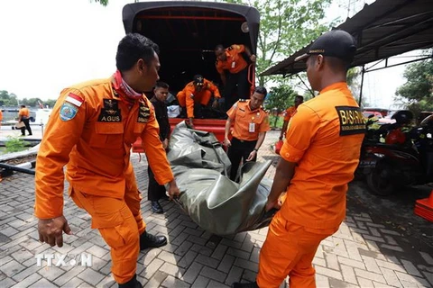 Lực lượng cứu hộ Indonesia triển khai công tác tìm kiếm các nạn nhân máy bay Boeing 737 MAX 8 ,mang số hiệu JT 610 thuộc Hãng hàng không Lion Air gặp nạn tại vùng biển Tây Java, ngày 29/10. (Ảnh: AFP/TTXVN)