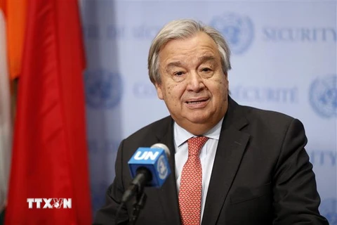 Tổng thư ký Liên hợp quốc Antonio Guterres trong cuộc họp báo ở trụ sở Liên hợp quốc ở New York của Mỹ. (Ảnh: THX/TTXVN)