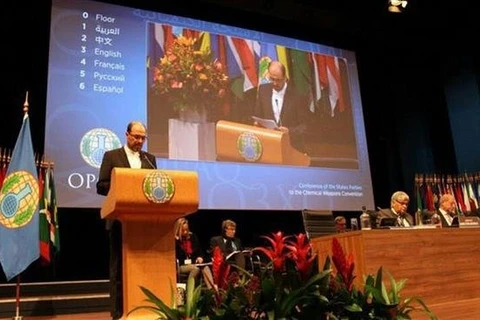 Thứ trưởng Ngoại giao Iran Gholam-Hossein Dehqani phát biểu tại Hội nghị Đánh giá Công ước Vũ khí Hóa học (CWC) lần thứ tư ở La Haye của Hà Lan, ngày 21/11. (Nguồn: ISNA/PressTV)