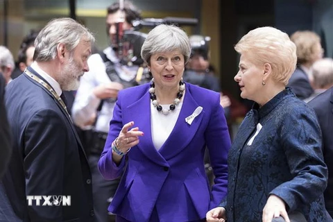Thủ tướng Anh Theresa May (giữa) và Tổng thống Litva Dalia Grybauskaite (phải) tại Hội nghị thượng đỉnh EU ở Brussels, Bỉ ngày 22/3 vừa qua. (Ảnh: THX/TTXVN)