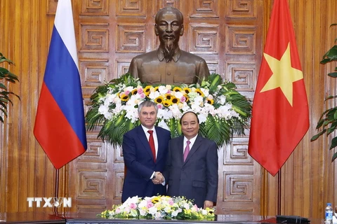 Thủ tướng Nguyễn Xuân Phúc tiếp Chủ tịch Duma quốc gia Nga Vyacheslav Viktorovich Volodin. (Ảnh: Thống Nhất/TTXVN)