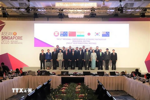 Các Bộ trưởng chụp ảnh chung tại Hội nghị Bộ trưởng kinh tế các nước tham gia Hiệp định Đối tác Kinh tế toàn diện khu vực (RCEP), hồi tháng Tám vừa qua ở Singapore. (Ảnh: Nguyễn Việt Dũng/TTXVN)