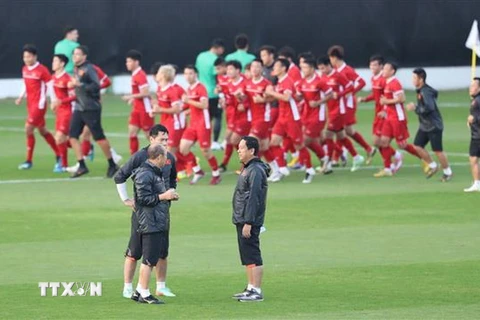 Huấn luyện viên Park Hang-seo trao đổi với huấn luyện viên thủ môn Nguyễn Đức Cảnh (trái) về phương án luyện tập chống bóng bổng cho các thủ môn. (Ảnh: Hoàng Linh/TTXVN)