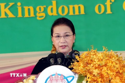 Chủ tịch Quốc hội Nguyễn Thị Kim Ngân phát biểu tại Lễ khai mạc Hội nghị lần thứ 27 Diễn đàn Nghị viện châu Á-Thái Bình Dương (APPF-27) trên cương vị là Chủ tịch APPF tiền nhiệm (APPF-26). (Ảnh: Trọng Đức/TTXVN)