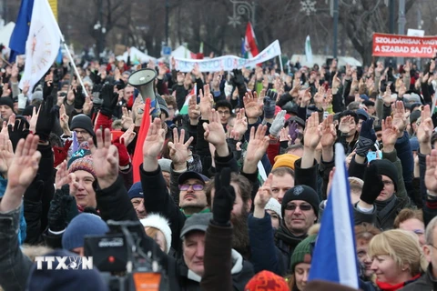 Biểu tình phản đối luật lao động sửa đổi tại Budapest của Hungary, ngày 19/1. (Ảnh: AFP/TTXVN)