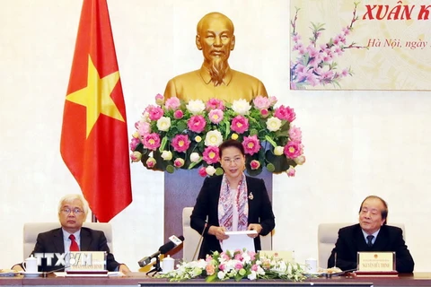 Chủ tịch Quốc hội Nguyễn Thị Kim Ngân phát biểu tại buổi gặp mặt. (Ảnh: Trọng Đức/TTXVN)