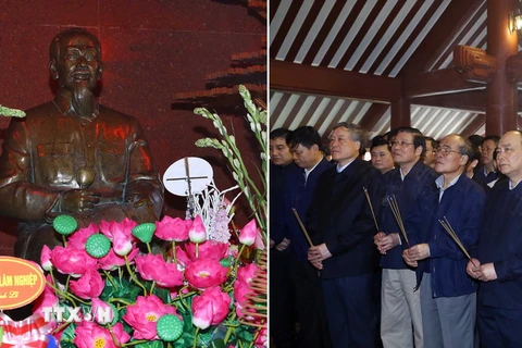 Thủ tướng Nguyễn Xuân Phúc cùng nhiều vị lãnh đạo, nguyên lãnh đạo Đảng, Nhà nước dâng hương, báo công lên Chủ tịch Hồ Chí Minh tại đền thờ Bác Hồ trên đỉnh Ba Vì, Hà Nội. (Ảnh: Thống Nhất/TTXVN)