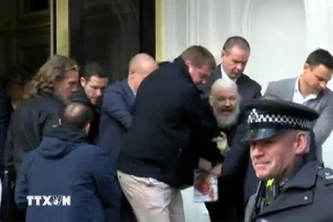 Nhà sáng lập WikiLeaks Julian Assange (giữa, phía sau) bị cảnh sát bắt giữ và áp giải khỏi Đại sứ quán Ecuador ở London ngày 11/4. (Ảnh: Rupity/TTXVN)