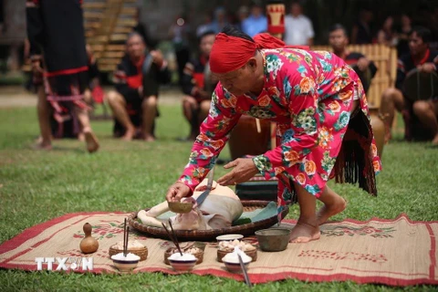 Thầy cúng chuẩn bị lễ vật trước khi thực hiện buổi lễ Cầu an cho buôn làng, trong Lễ hội cồng chiêng của dân tộc Êđê tỉnh Đắk Lắk. (Ảnh: Trọng Đạt/TTXVN)