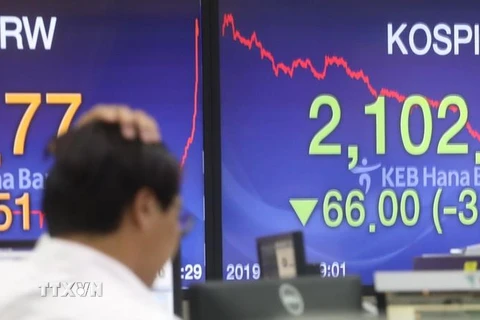 Bảng tỷ giá chứng khoán tại ngân hàng Hana ở thủ đô Seoul, Hàn Quốc, ngày 9/5/ vừa qua. (Ảnh: Yonhap/TTXVN)