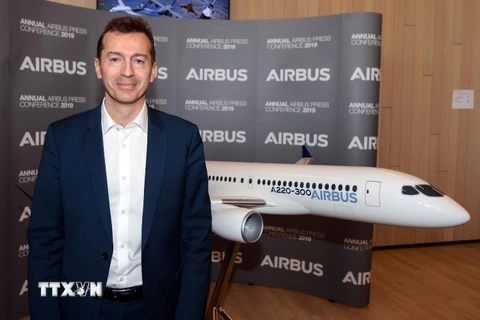 Ông Guillaume Faury tại sự kiện công bố kết quả kinh doanh thường niên của Airbus. (Ảnh: AFP/TTXVN)