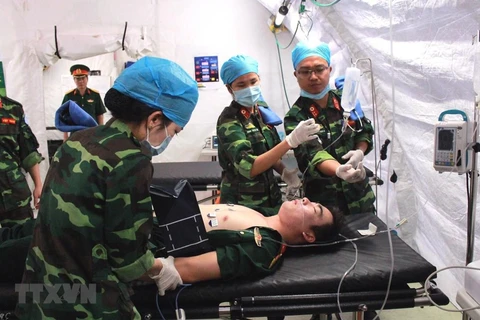 Các cán bộ, sỹ quan Bệnh viện dã chiến cấp 2 diễn tập xử lý tình huống. (Ảnh: Nguyễn Xuân Khu/TTXVN)