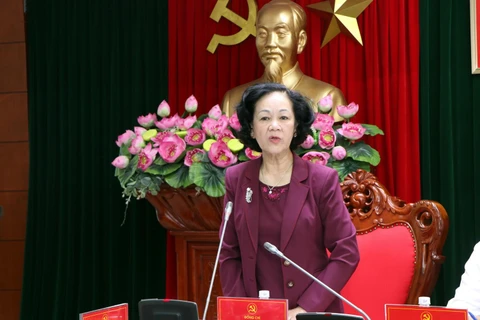 Ủy viên Bộ Chính trị, Bí thư Trung ương Đảng, Trưởng ban Dân vận Trung ương Trương Thị Mai, phát biểu tại buổi làm việc. (Ảnh: Mạnh Tú/TTXVN)