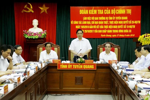Ủy viên Bộ Chính trị, Bí thư Trung ương Đảng, Trưởng Ban Tổ chức Trung ương Phạm Minh Chính phát biểu tại hội nghị (Ảnh: Nam Sương/TTXVN)