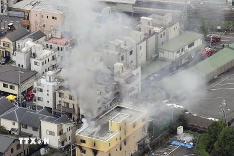 Hiện trường vụ cháy xưởng phim hoạt hình Kyoto Animation ở Kyoto, Nhật Bản ngày 18/7. (Ảnh: Kyodo/TTXVN)