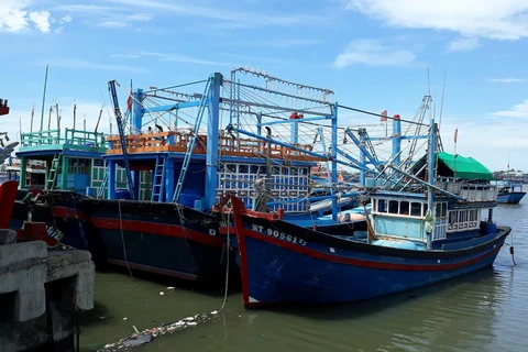 Tàu cá của ông Trần Đào (giữa), xã Phước Diêm, huyện Thuận Nam, hành nghề chụp đã nằm tại cảng Cà Ná hơn ba tháng vì hoạt động thua lỗ. (Ảnh: Nguyễn Thành/TTXVN)