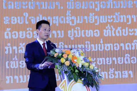 Ông Lưu Mạnh Hà, Tổng Giám đốc Công ty Unitel đang phát biểu tại buổi lễ. (Ảnh: Phạm Kiên/Vietnam+)