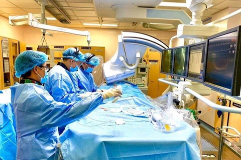 Một ca phẫu thuật thị phạm can thiệp tim mạch được truyền trực tiếp tới phòng Hội thảo. (Ảnh: Đinh Hằng/TTXVN phát)
