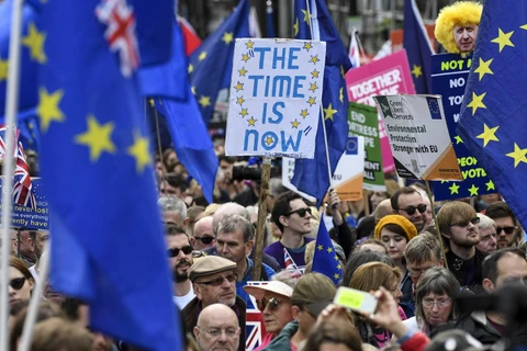 Hàng chục nghìn người tuần hành ở London đòi tổ chức cuộc trưng cầu dân ý mới. (Ảnh: AFP/TTXVN)