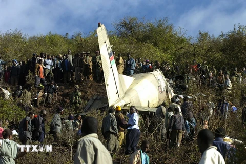 Hiện trường một vụ rơi máy bay quân sự Y-12. (Ảnh: AFP/TTXVN)