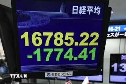 Màn hình điện tử tại sàn giao dịch chứng khoán Tokyo, Nhật Bản cho thấy chỉ số Nikkei-225 giảm mạnh trong phiên giao dịch ngày 13/3 vừa qua. (Ảnh: Kyodo/TTXVN)