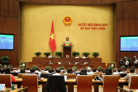 457/457 đại biểu Quốc hội có mặt tại Hội trường biểu quyết thông qua Nghị quyết phê chuẩn EVFTA. (Ảnh: Dương Giang/TTXVN)