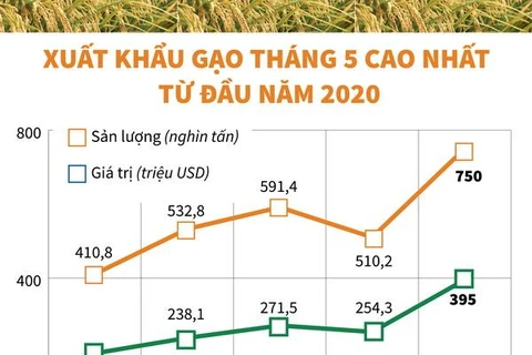 [Infographics] Xuất khẩu gạo tháng Năm cao nhất từ đầu năm 2020