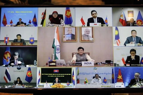 Các điểm cầu ASEAN và Ấn Độ tham dự hội nghị. (Ảnh: Trần Việt/TTXVN)
