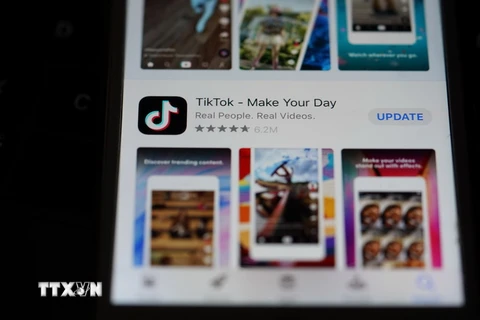 Biểu tượng TikTok trên màn hình điện thoại di động tại Arlington, bang Virginia của Mỹ, ngày 30/8 vừa qua. (Ảnh: THX/TTXVN)