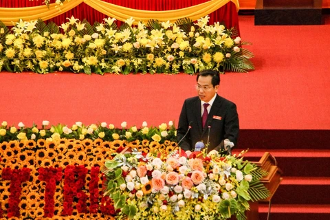 Bí thư Thành ủy Cần Thơ Lê Quang Mạnh phát biểu tại Đại hội đại biểu Đảng bộ thành phố Cần Thơ khóa XI, nhiệm kỳ 2020-2025. (Ảnh: Thanh Liêm/TTXVN)