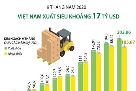 [Infographics] Việt Nam xuất siêu khoảng 17 tỷ USD trong 9 tháng qua