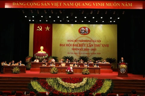 Toàn cảnh Đại hội đại biểu Đảng bộ thành phố Hà Nội, lần thứ XVII, nhiệm kỳ 2020-2025. (Ảnh: Văn Điệp/TTXVN)